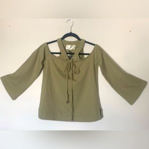 J.O.A. Light Olive Green. Cold shoulder, Crisscross tie front top.